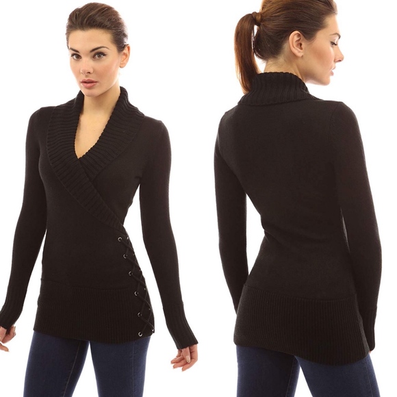 PattyBoutik Sweaters - PattyBoutik Shawl Collar Faux Wrap Lace Up Sweater